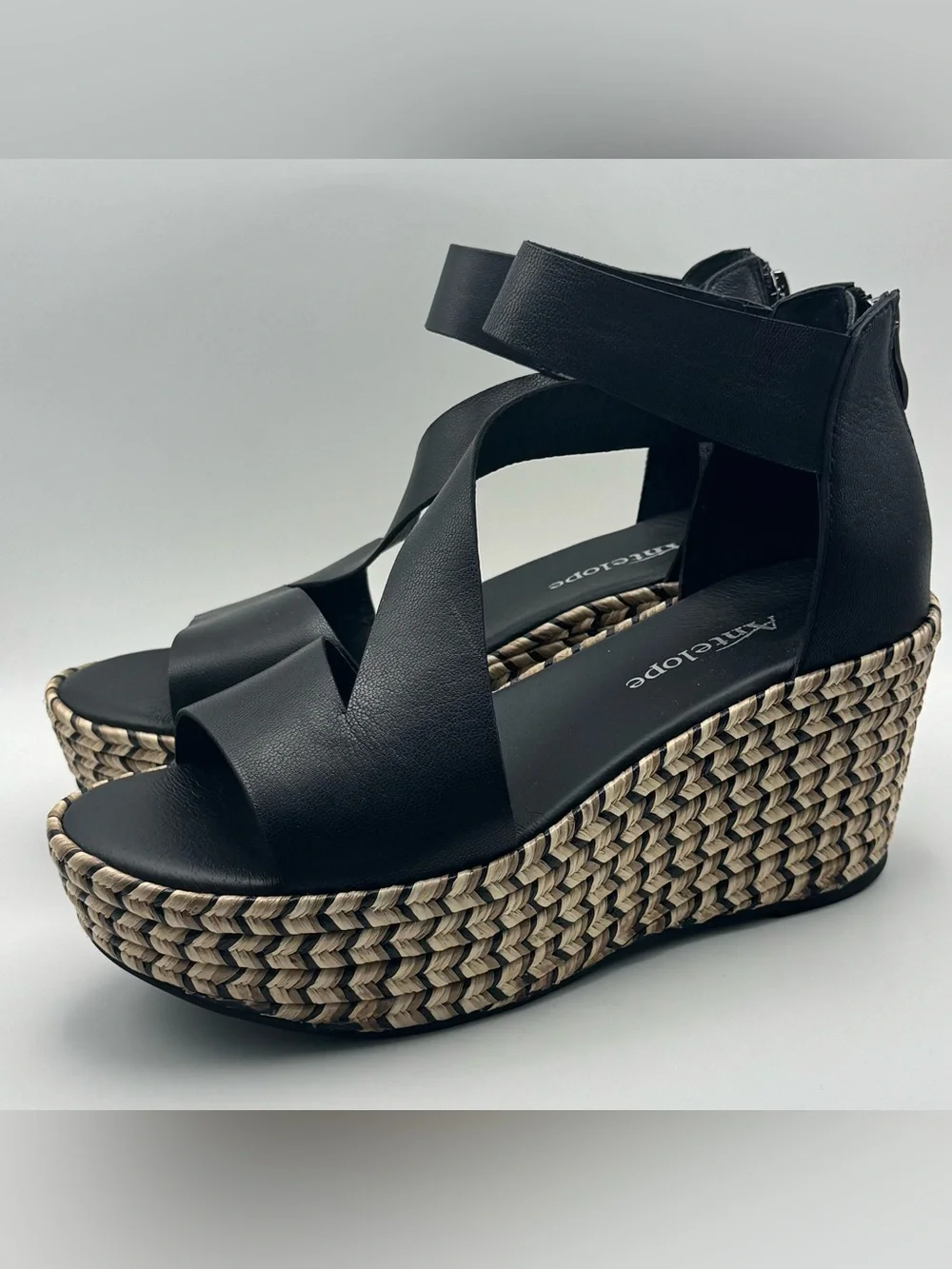 Antelope Kat Platform Wedge Sandals Black Leather Espadrille Sz 7/7.5